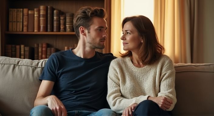 Een jongeman en een vrouw zitten dichtbij voor een intiem gesprek over waarom daten met een milf.