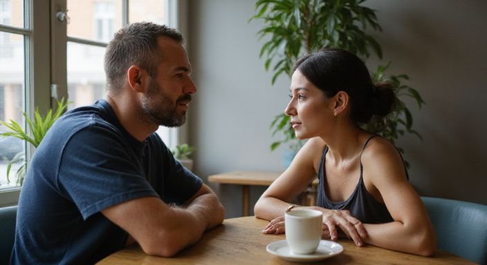 Een man en vrouw delen een intiem gesprek over waarom daten met een milf in een café.