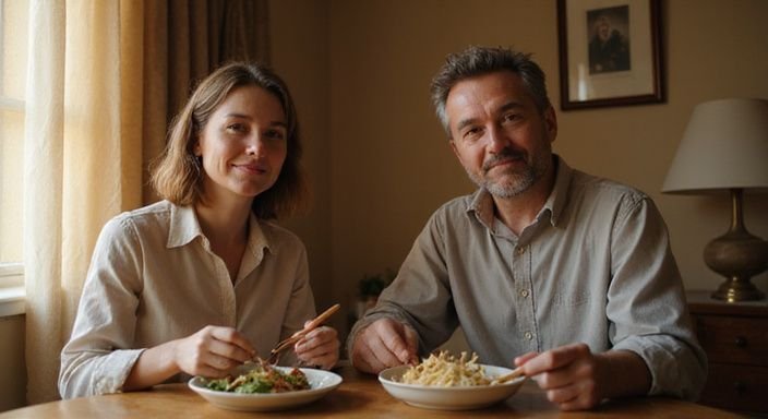 Een man en vrouw delen een bescheiden maaltijd aan tafel.