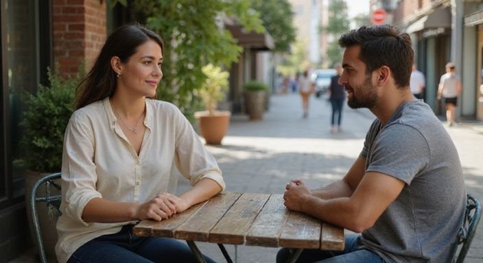 Een vrouw en een man hebben een intieme conversatie over waarom daten met een milf aan een cafétafel.