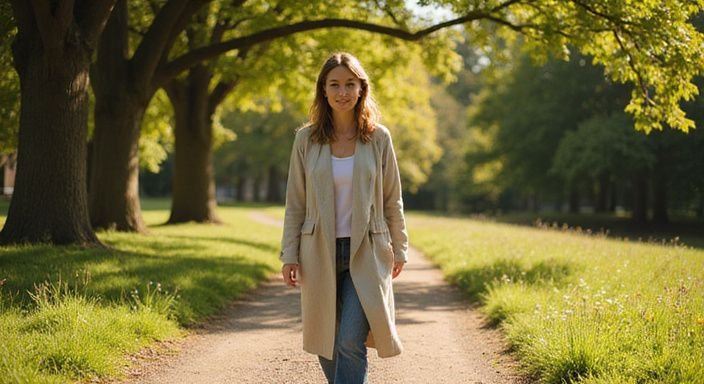 Een vrouw wandelt rustig over een smal pad in het park.