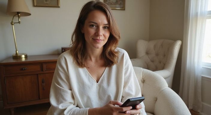 Een vrouw in een comfortabele kamer met een smartphone zoekt een oudere vrouwen sexcontact in Amsterdam