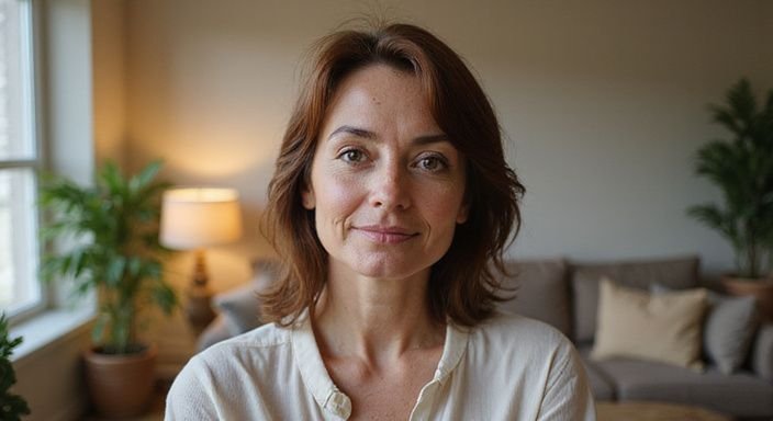 Een middelbare vrouw met een ontspannen houding in een sfeervolle woonkamer wil een oudere vrouwen sexcontact in Amsterdam.