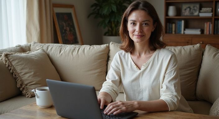 Een vrouw in de veertig zit ontspannen op een sofa met een laptop en wil oudere vrouwen sexcontact in Amsterdam.