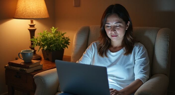 Een middelbare vrouw zit geconcentreerd op een laptop in haar slaapkamer en wil oudere vrouwen sexcontact in Amsterdam.