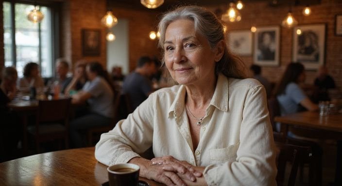 Oudere vrouw geniet van een intieme avond in een café.