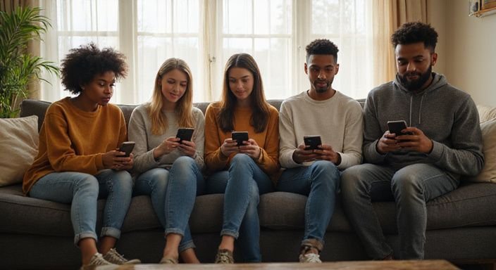 Vijf jonge volwassenen zitten samen met smartphones op een bank.