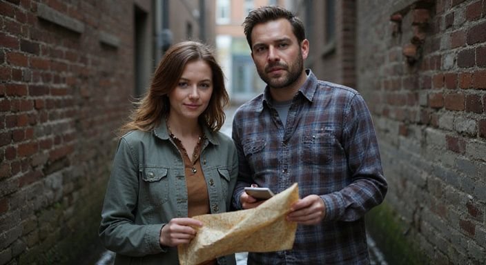 Een man en vrouw bestuderen samen een kaart in een steeg.