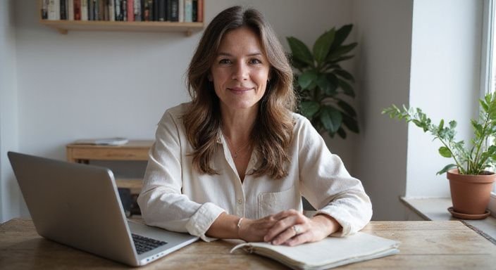 Een vrouw in haar vijftiger jaren geniet van een rustige moment.