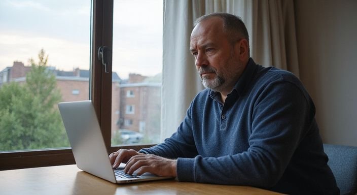 Een man van in de zestig zoekt op een laptop naar oudere vrouwen sexcontact in Eindhoven.
