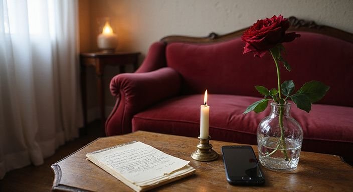Een stijlvolle kamer met een vintage chaise lounge en bloemen.