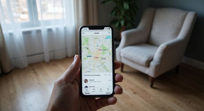 Een smartphone toont een dating-app met een gesprek en een kaart.