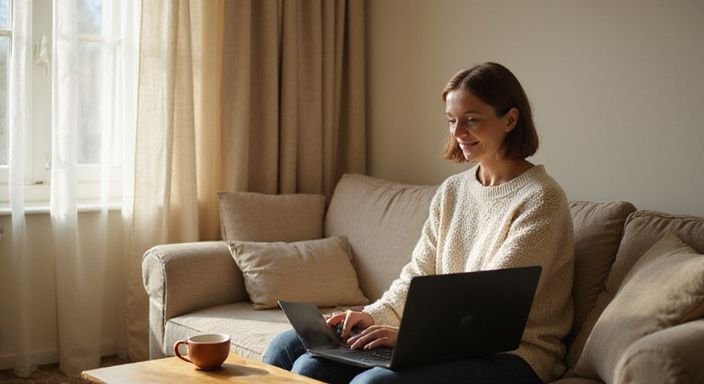 Een vrouw in een trui zit met een laptop op de bank.