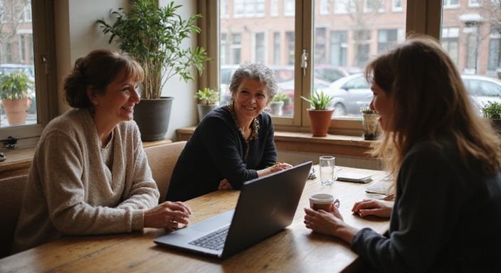 Vijf vrouwen genieten van elkaars gezelschap in een gezellige café.