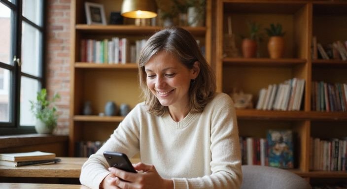 Een middelbare vrouw geniet van een rustige moment in een café.