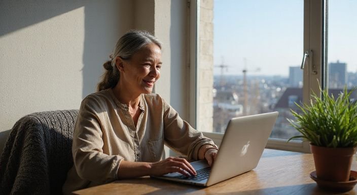 Een oudere vrouw glimlacht terwijl ze geconcentreerd naar een laptop kijkt.