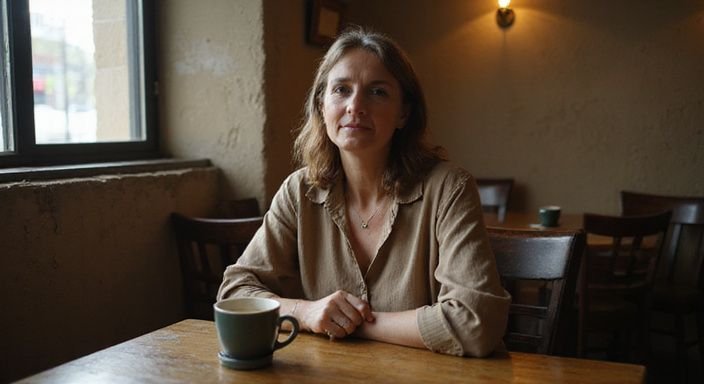 Een zelfverzekerde vrouw zit alleen aan een houten tafel in een restaurant.