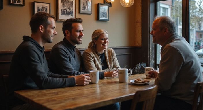 Drie mensen delen verhalen aan een versleten houten tafel in een café.