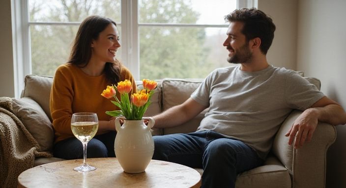 Een gezellig woonkamer met een koppel dat intieme gesprekken over oudere vrouwen sexcontact Rotterdam deelt.