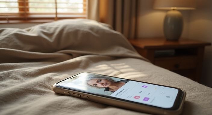 Schermafbeelding van een datingprofiel voor oudere vrouwen sexcontact Rotterdam op een smartphone in slaapkamer.