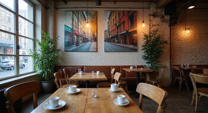 Een lege café met vintage meubels en stedelijke kunst aan de muren.