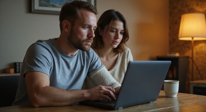Een man en vrouw werken samen aan een laptop voor digitale privacy.