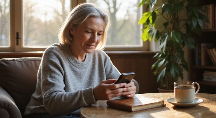 Een oudere vrouw scrollt op haar smartphone in een gezellige woonkamer.