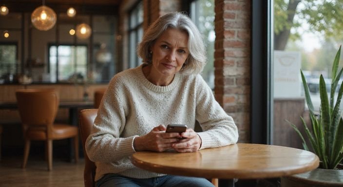 Een oudere vrouw scrollt aandachtig door een dating-app voor oudere vrouwen sexcontact Rotterdam in een café.