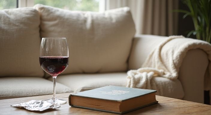 Een gezellige woonkamer met een bank, wijn en persoonlijke spullen.