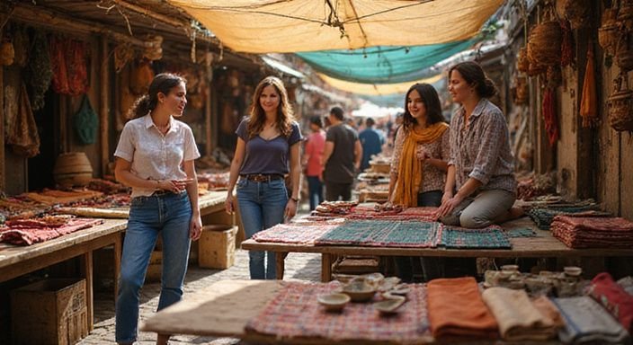 Een levendige lokale markt vol handgemaakte textiel en ambachtelijke producten.