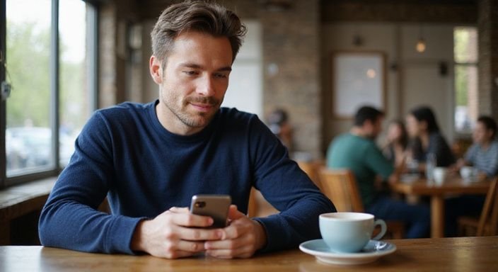 Een man in een koffiehuis, ontspannen met zijn smartphone op zoek naar sexcontact met een latina.