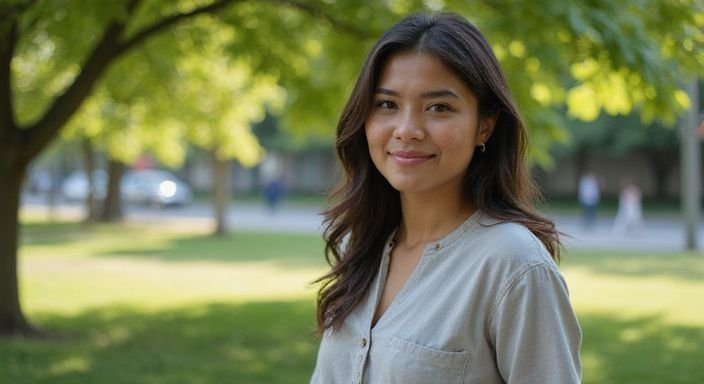 Een jonge vrouw met een ontspannen houding en een warme glimlach.