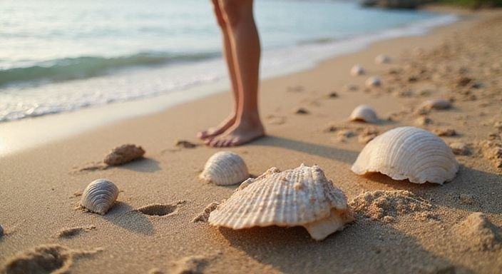 Een rustige strandscène met schelpen en unieke zandiconen.