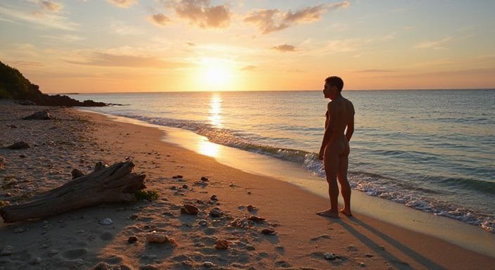 Een afgelegen naturistenstrand met schelpen en driftwood in serene omgeving.