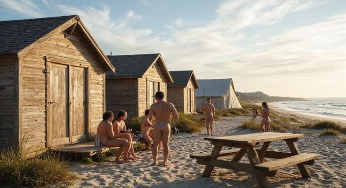 Een naturistenkamp op het strand met cabins en ontspannen mensen.
