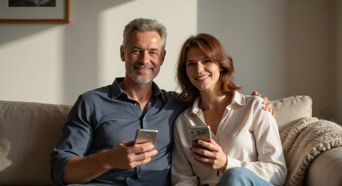 Een stel zit samen op een bank en bekijkt een datingapp voor sexcontact met een nudiste.