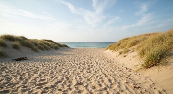 Een rustige, verlaten naturistenstrand langs de Nederlandse kust.