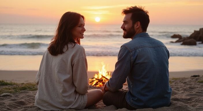 Een man en vrouw genieten van een intiem gesprek over sexcontact met een nudiste op het strand.
