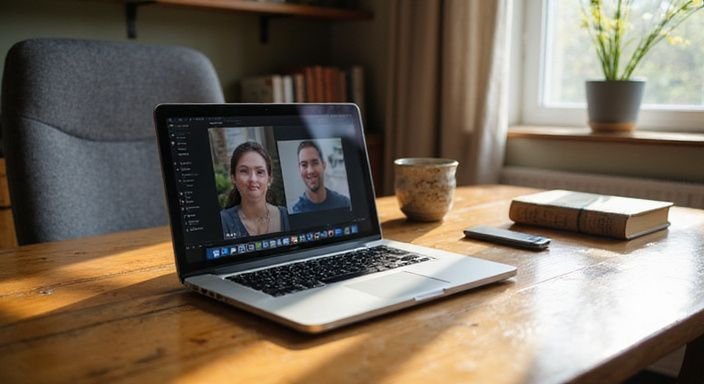 Moderne laptop op houten bureau met boeken en keramische mok.