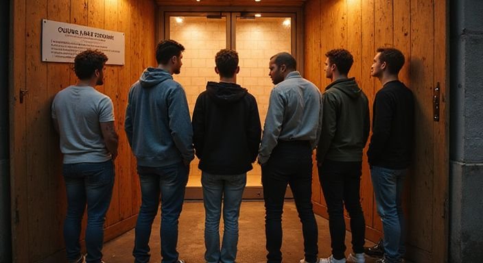 Zes jonge volwassenen bespreken de regels bij Club Paradise.