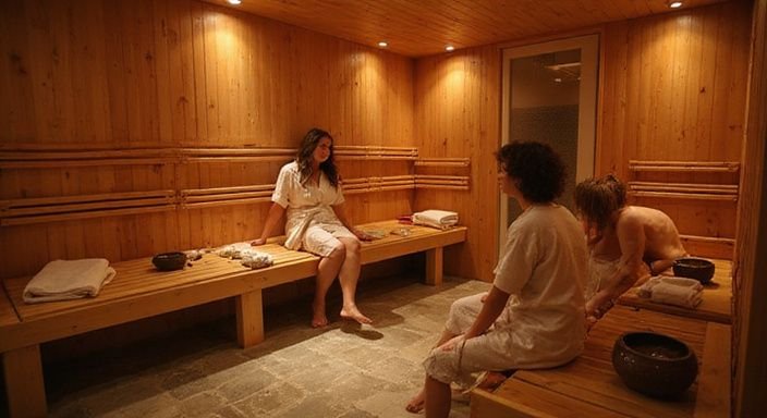 Een serene sauna met houten cabines en ontspannen bezoekers die sexcontact in de sauna willen.