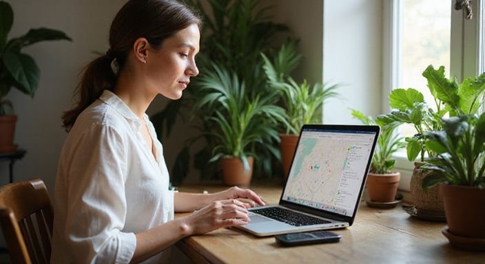 Een vrouw werkt geconcentreerd aan haar laptop in een gezellige thuiskantoor.