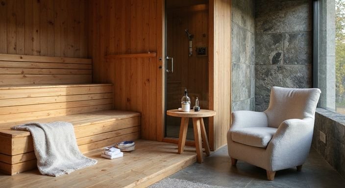 Een serene sauna met houten interieur en gezellige loungehoek.