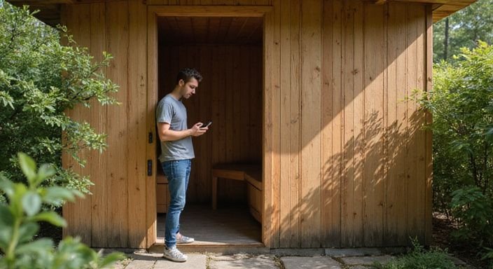 Een persoon staat buiten een sauna met een smartphone in de hand.