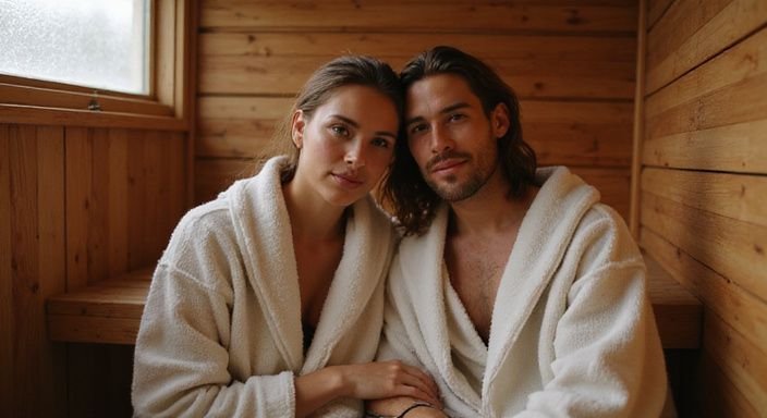 Een man en vrouw genieten van een intieme avond in de sauna.