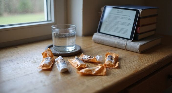 Een zorgvuldig ingericht nachtkastje met vrijheidsmaterialen en boeken.