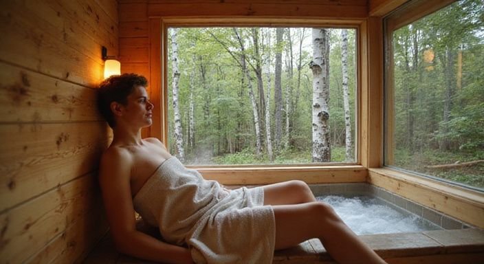 Een ontspannen volwassene geniet van een sauna omringd door de natuur.