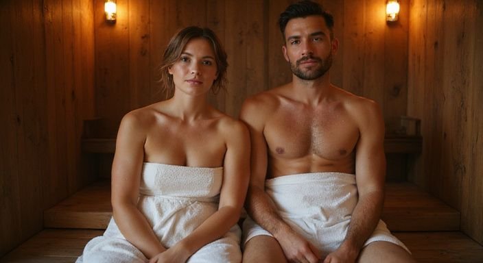 Een ontspannen stel zit in een stoombad op een houten bank.