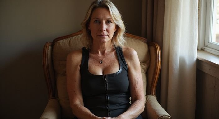 Vrouw in leren harnas straalt zelfvertrouwen en rust uit en zoekt BDSM sexcontact met oudere vrouwen.