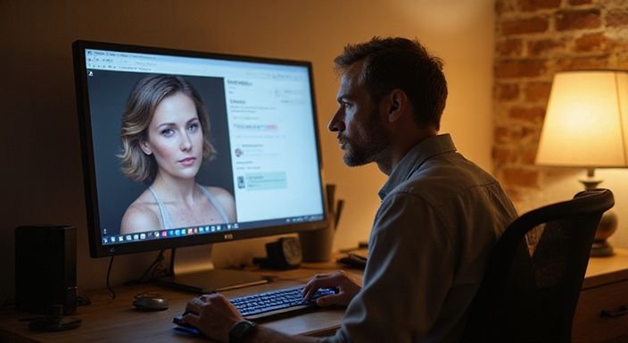 Een vrouw op een computer monitor met een online profiel voor BDSM sexcontact met oudere vrouwen.